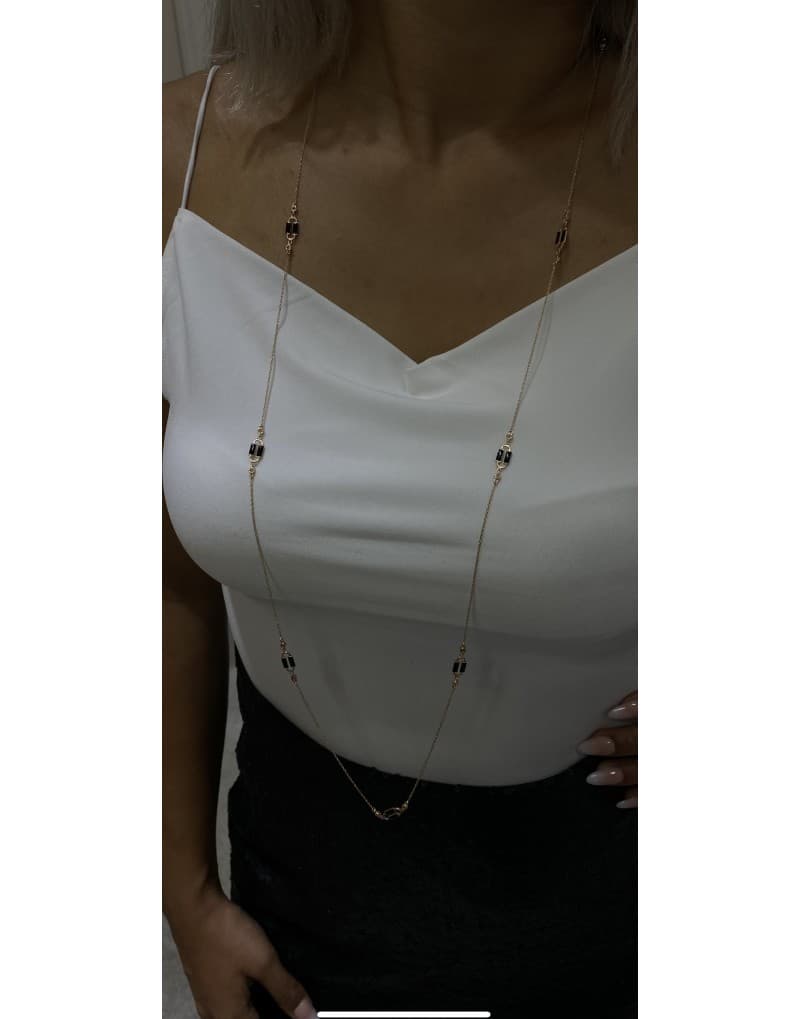 Long Chain Pırlantalı Mineli Altın Kolye