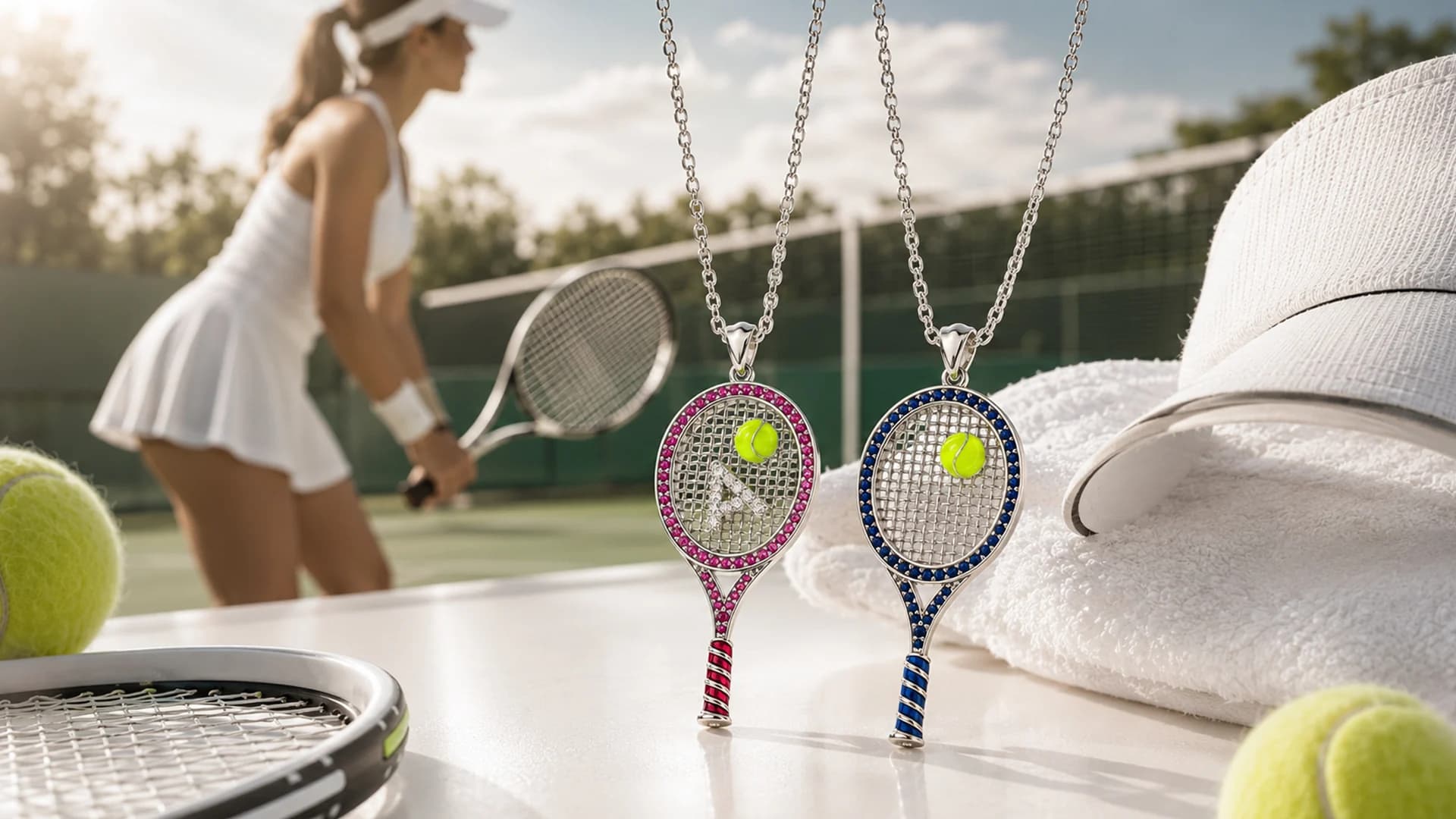 Tenis kortunda pembe ve mavi taşlı Arte raket kolyeler