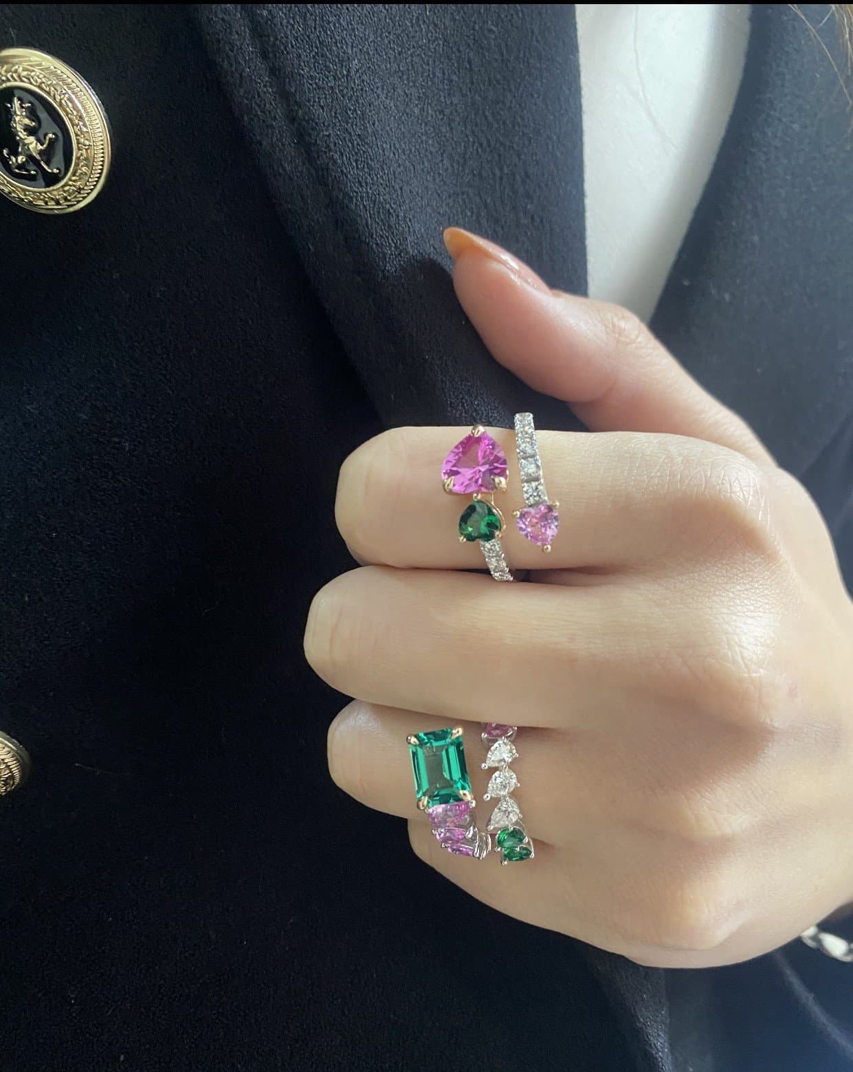 Pink and Green Damla Pırlantalı Altın Yüzük — 3. görünüm
