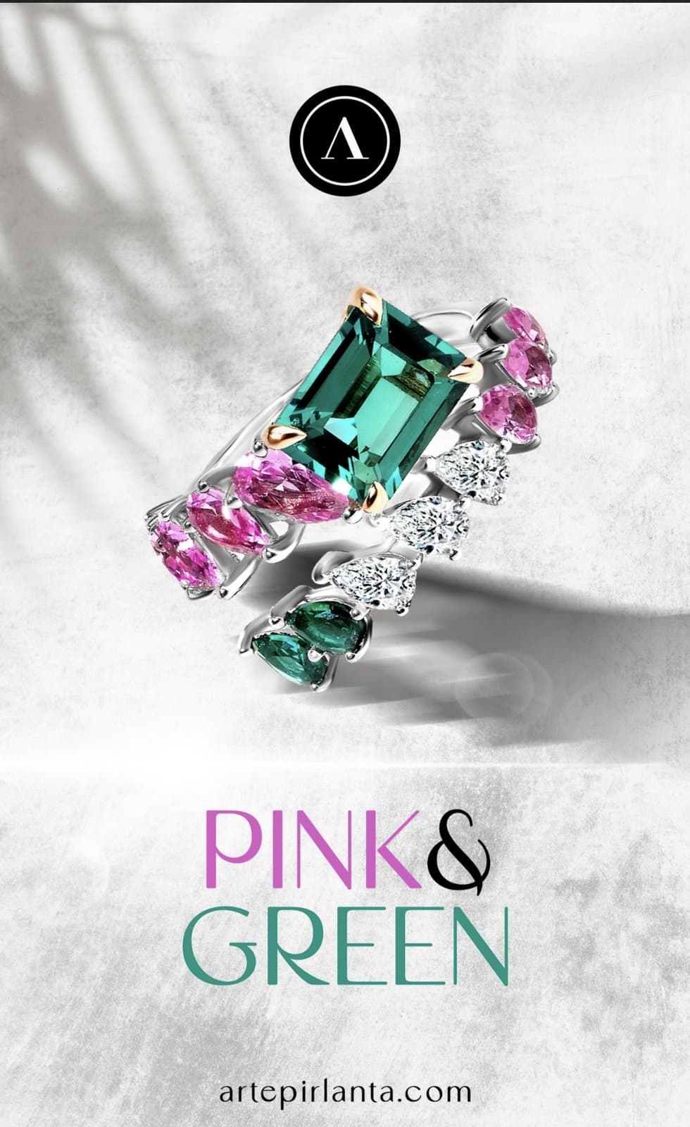 Pink and Green Damla Pırlantalı Altın Yüzük — 4. görünüm