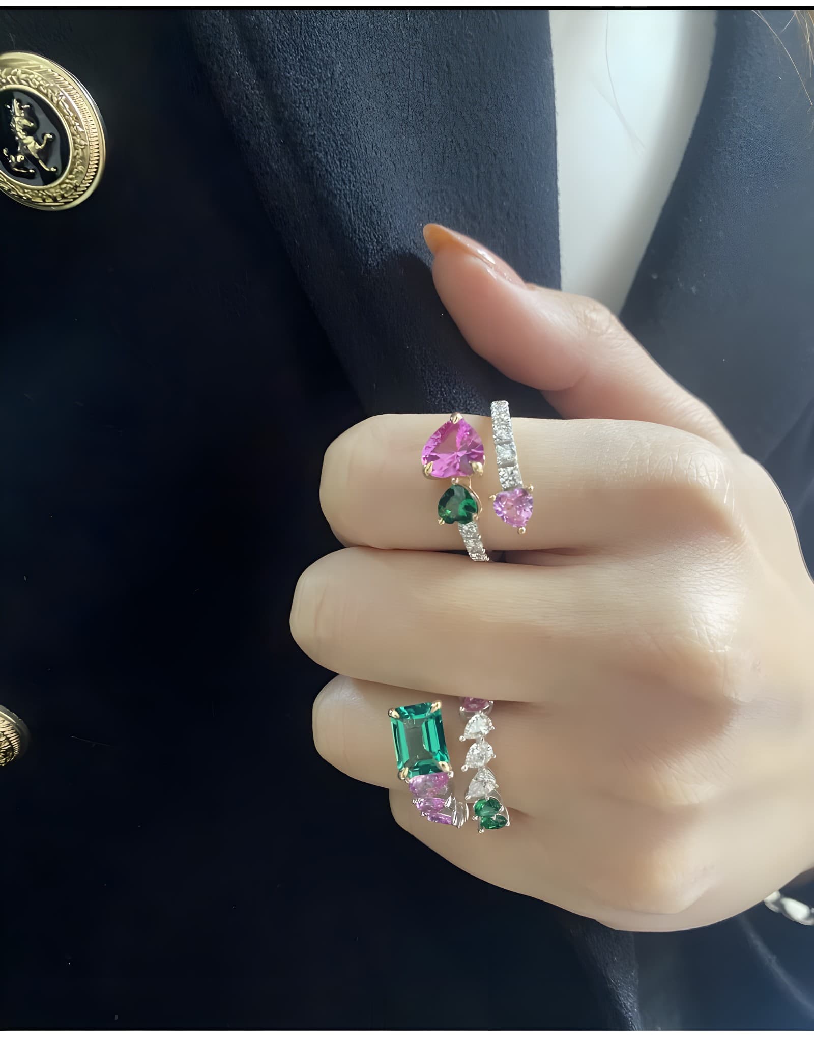 Pink and Green Damla Pırlantalı Altın Yüzük — 2. görünüm