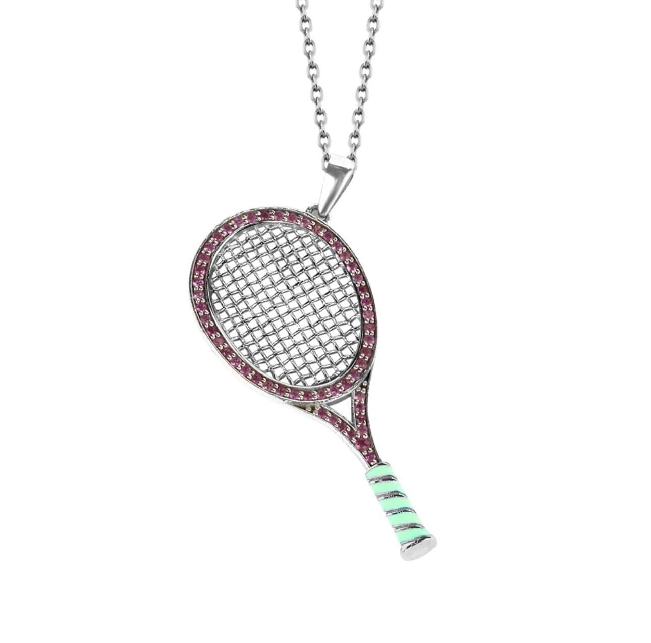 Beyaz fonda pembe taşlı tenis raketi kolye